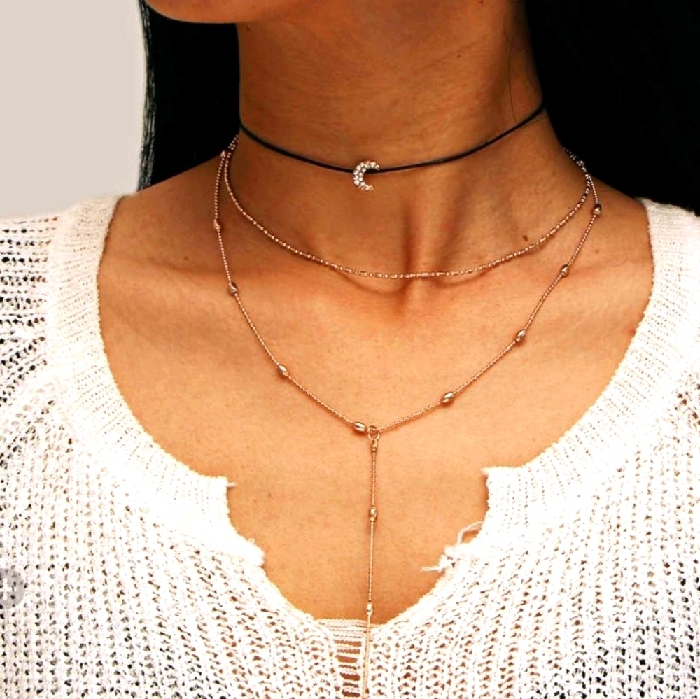 NEW‎ Gold Dainty Leather Moon 3 Layer Adjustable Necklace